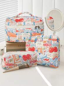 3 件/套兔子家庭绗缝包拉链包化妆包，时尚休闲时尚便携式化妆包，多功能，大容量大储物袋，可装钱包、口红、卫生巾、袋垫、硬币、钥匙、有线耳机、电缆、充电器、耳机、可爱洗漱用品收纳袋、旅行储物袋，适合女士、糖果、护士、女学生、节日礼物。