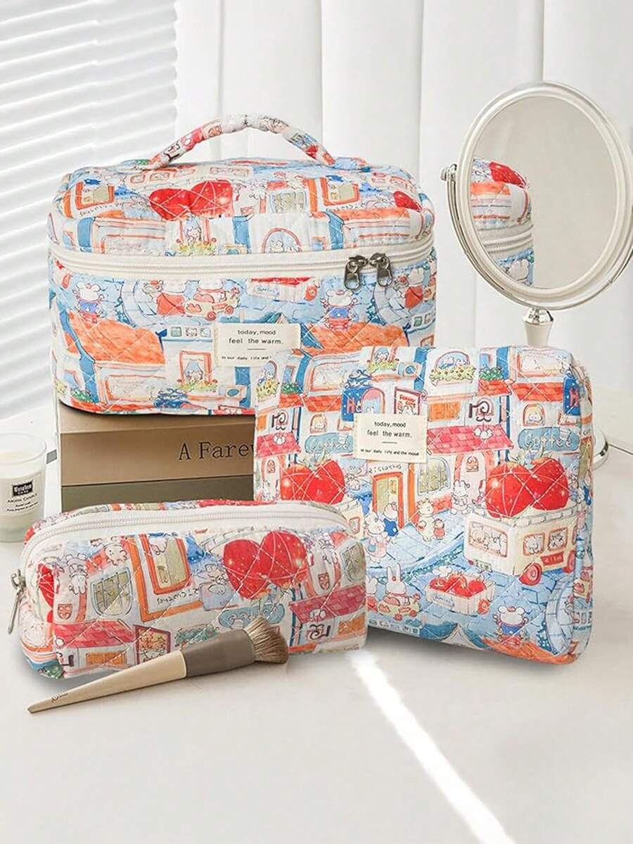 3 件/套兔子家庭绗缝包拉链包化妆包，时尚休闲时尚便携式化妆包，多功能，大容量大储物袋，可装钱包、口红、卫生巾、袋垫、硬币、钥匙、有线耳机、电缆、充电器、耳机、可爱洗漱用品收纳袋、旅行储物袋，适合女士、糖果、护士、女学生、节日礼物。