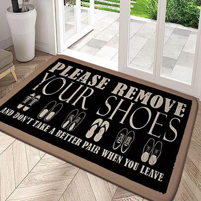 1ชิ้น แผ่นเช็ดเท้าดีไซน์ตัวอักษร "PLEASE REMOVE YOUR SHOES" พรมปูพื้นทางเข้าสไตล์มินิมอลโมเดิร์นหนา พรมตกแต่งทางเข้าสี่เหลี่ยมผืนผ้าโพลีเอสเตอร์ พรมเช็ดเท้าดูดซับกันลื่นซักเครื่องได้ เสื่อปูพื้นห้องครัว