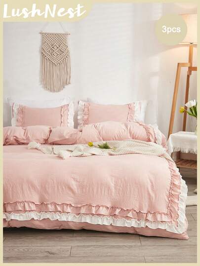 Pink Ruffled Duvet Cover Set, Bohemian Farmhouse Style Bedding 3 Pieces Set, Ruffled Trim, Pink, Soft Microfiber Lightweight Duvet Cover, Suitable For Men, Women, And Babies, Includes 1 Duvet Cover And 2 Pillow Shams, Comforter Not Included
