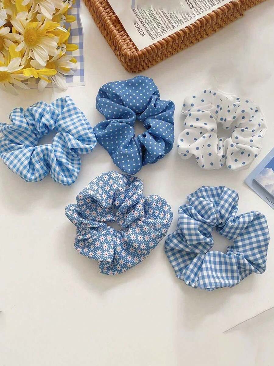 5 件蓝色花卉发圈，大号简约可爱甜美女孩波尔卡圆点发圈，高弹力马尾发圈，适合运动、旅行、马尾辫固定器、发圈、洗脸、发饰
