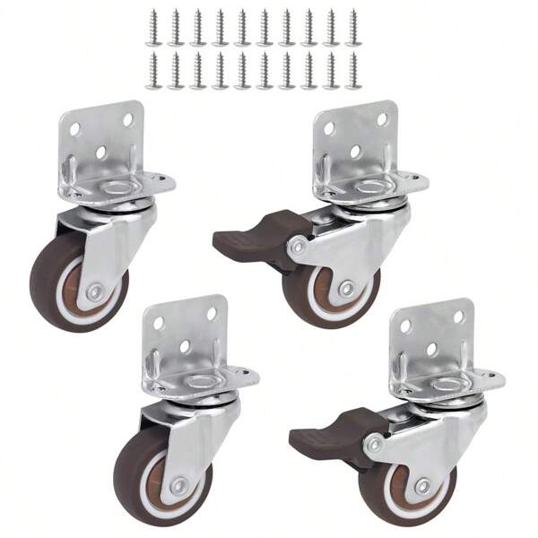 4pcs L-Shaped Swivel Casters With Double Locks, Heavy Duty Steel Structure, Soft Rubber Wheels, 360 Degree Rotation, Suitable For Furniture, Chairs, Workbenches - Includes Brake Swivel Casters (Mounting Screws Included)