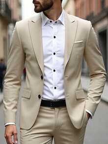 Conjunto de traje de 3 piezas de moda para hombre, con ajuste ceñido, de unicolor y elástico, que incluye chaleco cruzado, pantalones y traje formal/de negocios para cena - Beis - Ver 2