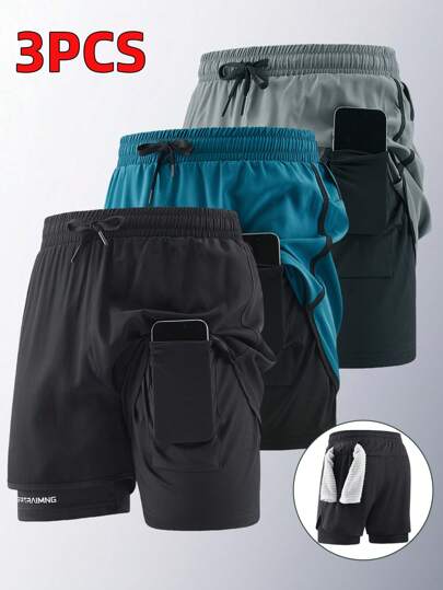 3 件套男友风格男士速干跑步训练健身短裤，夏季