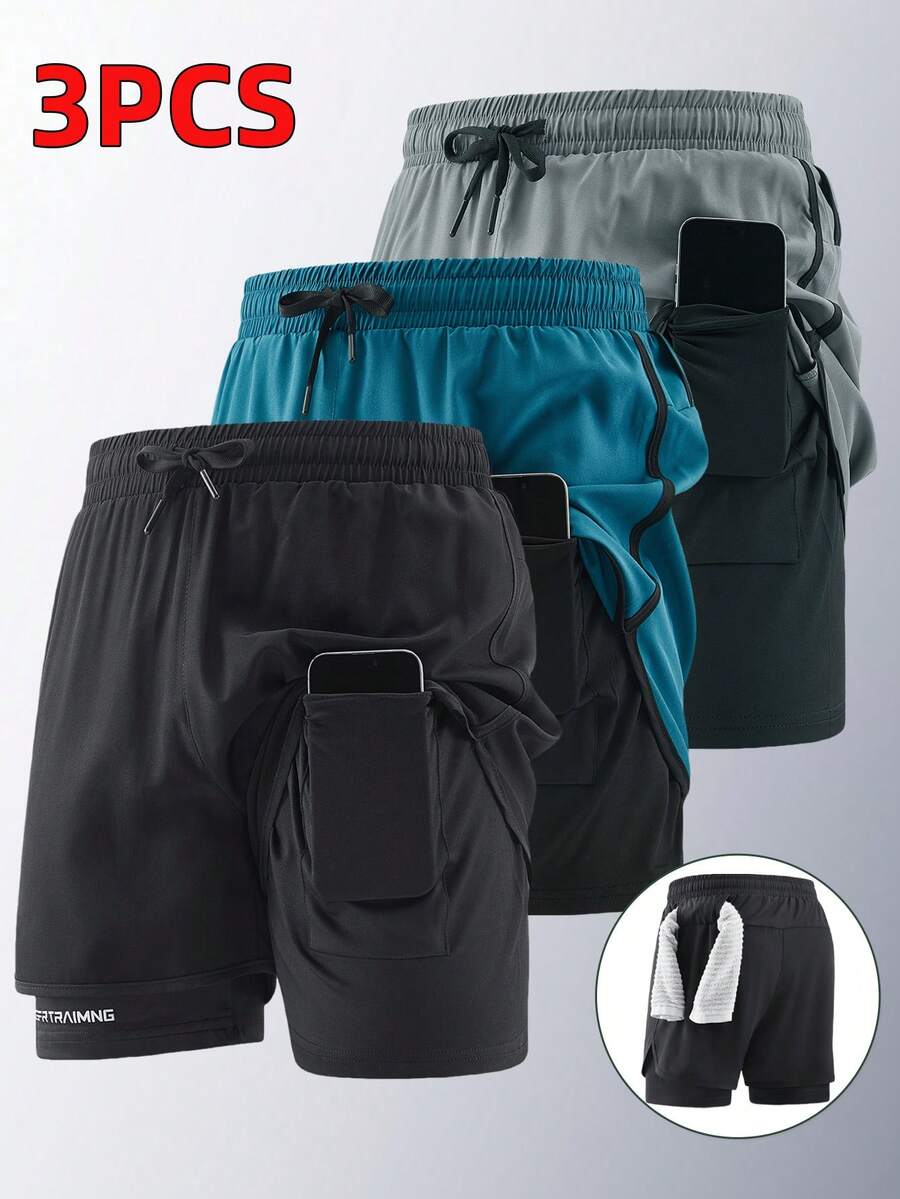 3 件套男友风格男士速干跑步训练健身短裤，夏季 - 灰色 - 查看 1
