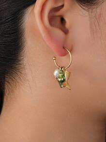 1 对金色海洋风格耳环，配珍珠、粉色贝壳和鱼尾吊坠，甜美童话海洋元素设计，适合度假佩戴 - 彩色 - 查看 7