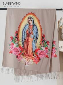 1pc Women Elegant Warm Virgin Mary Printed Scarf, For Daily Use For Dress