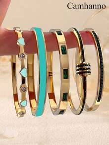Camhanno 1/5件套时尚奢华不锈钢手链，适合搭配各种服饰，也是送给朋友、家人和母亲的绝佳礼物。 - 金綠色 - 查看 14