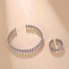 时尚复古双色电镀方晶锆石条纹手链和戒指套装，适合女性日常佩戴 - 款式B 銀色 - 查看 5