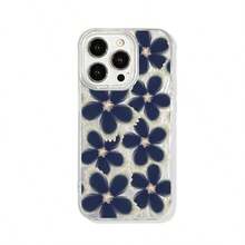 1 pièce Étui de téléphone mode fleurs bleu marine minimaliste et mignon, motif floral bleu marine mignon, style de dessin animé minimaliste, motif de marguerite et de fleurs, haute qualité, anti-chute, dégradé de plumes argentées, vague de plumes, style art de luxe brillant au laser, compatible avec Apple/OPPO/VIVO/Honor/Redmi/Transsion, printemps anniversaire - Multicolore - Voir 6