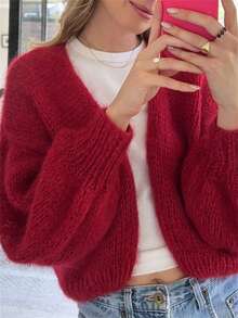 Women's Fuzzy Knit Sweater Long Lantern Sleeve Open Front Solid Color Cardigan Fall Coat - 紅色 - 查看 3