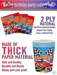 170pcs Hot Birthday Decorations Tableware Racing Car Theme Party Supplies Set Include Happy Birthday Banner, Plates(350g Thick Paper),  Napkins, Cups, Forks, Spoons, Knives And Tablecloth Kit For Serve 24 - 彩色 - 查看 4