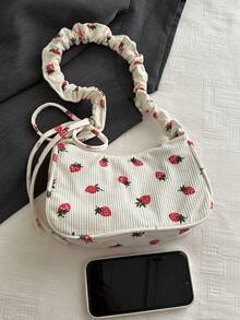 1个可爱草莓印花女童单肩包，抽绳设计，儿童休闲包，零钱包，多功能轻便便携，拉链封口，适合日常收纳、旅行、购物、儿童户外活动、超市购物、节日礼物、送给女儿的礼物，时尚灯芯绒清新甜美休闲包，钥匙扣，适合儿童、学生、女孩、青少年、闺蜜旅行配件 - 彩色 - 查看 3