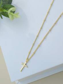 女士金色不锈钢电镀十字架吊坠项链，简约时尚，适合日常装饰。 - 金色 - 查看 2