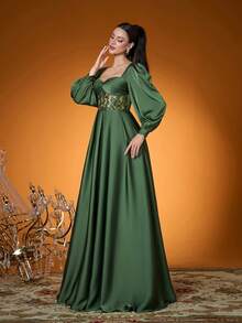 Mgiacy,New Arrival,V-Neck,Elegant,Ball Dress,Ruffle,Sequin,Perspective,Lantern Sleeve,FOR,Prom Wedding,Graduation,Wedding Guest,Party Dress,Wedding Guest Dress, Evening Dress,Green Dress For Women