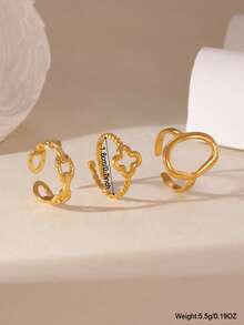 GEREIT Bộ 3 chiếc nhẫn tròn rỗng bằng thép không gỉ 18K họa tiết hoa, thích hợp cho nữ đeo hàng ngày, quà tặng Ngày của Mẹ. - Vàng - Xem 3