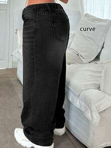 欧美街头流行中腰日常宽松休闲弹力直筒牛仔裤，大码女式春季款 - 深灰色 - 查看 4