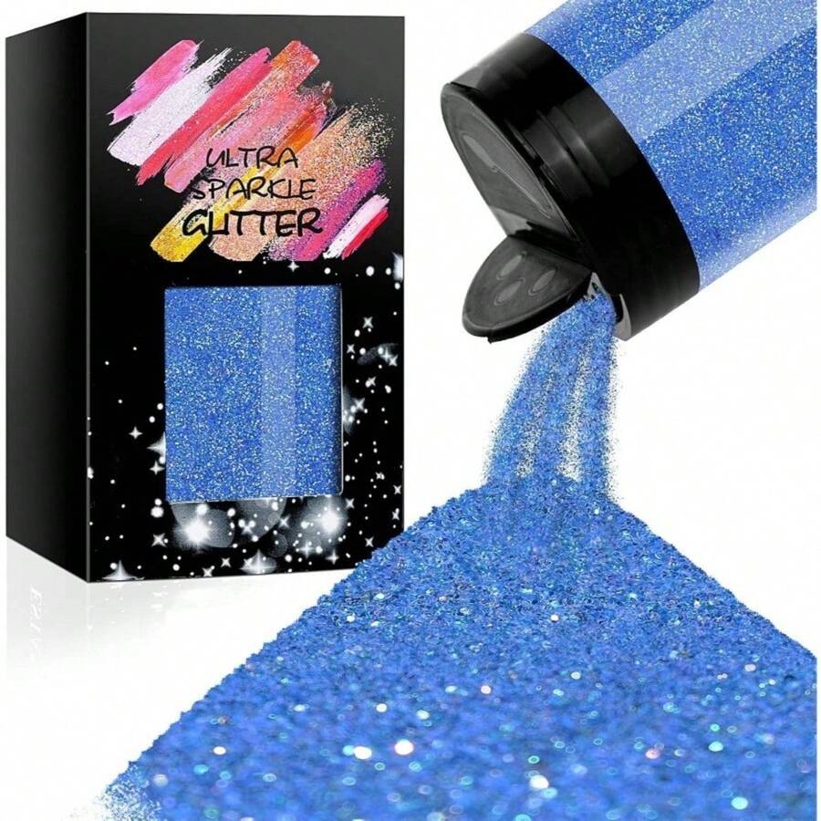 Metallic Ultra Fine Glitter, 7.41Oz/210G Resin Glitter Powder Sequins Flakes, 1/128" Holographic Iridesnt Glitter For Resin Tumblers Art Crafts, Hair Fa Body Nail Glitter(Black) - Iridescent Blue - 查看 1