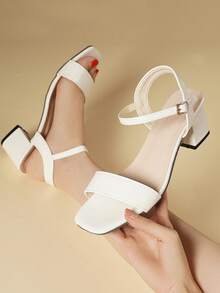 1 Pair Teens' White Strap Simple Versatile Chunky Heel Sandals, Comfortable High Heel Outdoor Wear