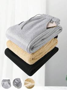 2 件加厚仿羊羔绒运动裤，温暖抽绳腰部休闲裤，适合冬季通勤、办公室、工作服；宽松舒适的居家休闲裤 - 彩色 - 查看 2