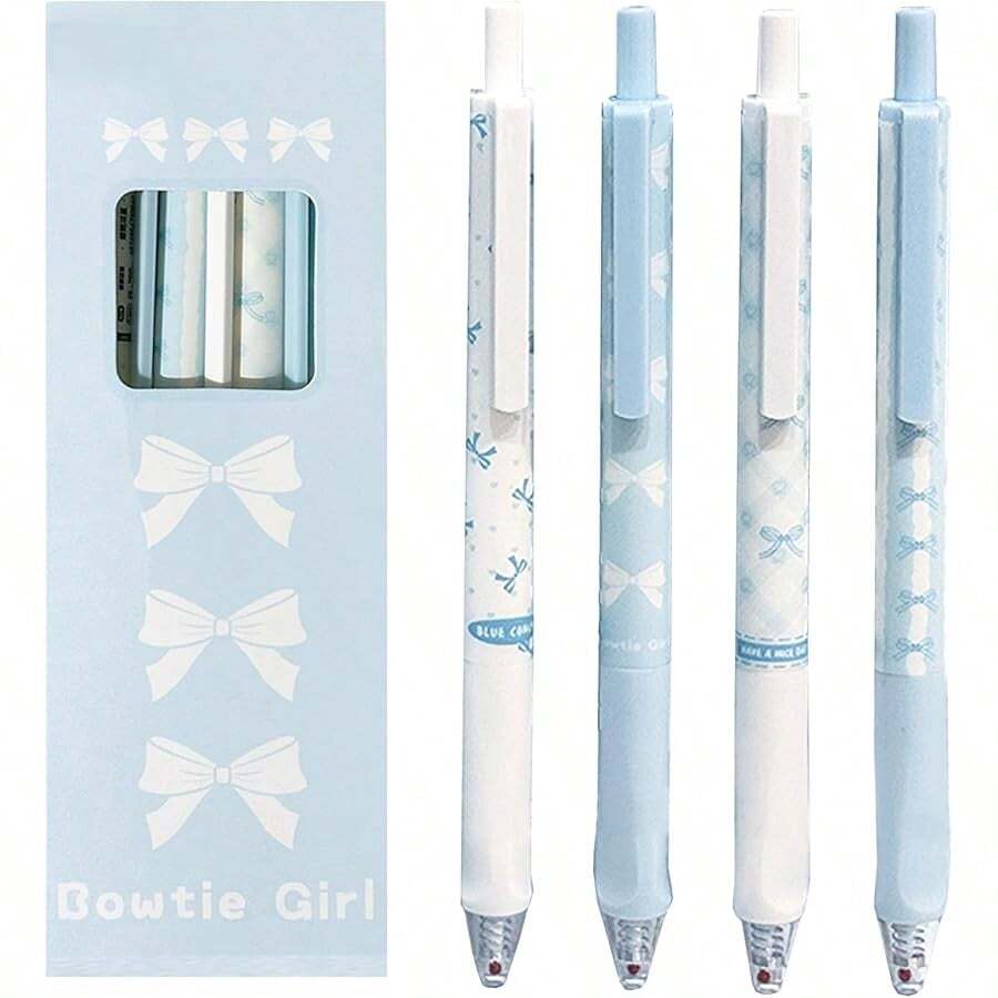 4 Pcs Cute Retractable Pens Bowknot Gel Pens 0. 5mm Fine Point Black Ink Smooth Writing Pen Office School Supplies Cartoon Kawaii Blue Pen For Women Girls (Blue)