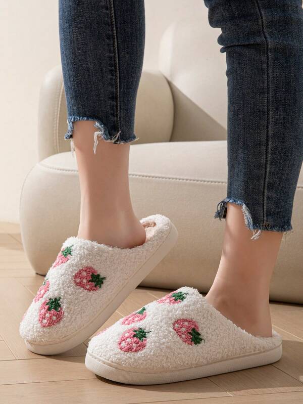 Women's Casual Velvet Embroidered Strawberry Slip-On House Slippers, Autumn/Winter