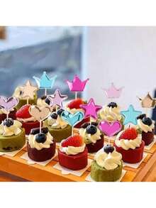 100pcs Star & Heart Shaped Cake Decorations, Suitable For Cupcakes And Birthday Cakes - Multicolor - View 4