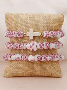3PCS Vintage Chinese Style Elastic Ceramic Beaded Bracelet Cross Charm Beaded Bracelet For Women Vintage Chinese Style Cross Elastic Ceramic Beaded Faux Pearl Stackable 14K Gold Plated Stretch Bead Ball Bracelet Cross Jewelry Set With Heart Gifts For Woman Encouragement Gift, Friend Gifts, Sister Birthday Gifts, Gifts, Inspirational Gifts, Christmas Gifts - Multicolor - View 6