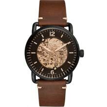Fossil The Commuter Skeleton Automatic Watch For Men ME3158 Black Round Dial Brown Leather Strap Fashion Casual Watch Suitable For Daily And Dressy Wear Good Birthday Holiday Gift For Men