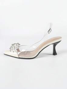 Sandalias de tacón medio con tira transparente y puntera con adorno de cristal elegante para mujer, versátiles para ocasiones formales y casuales, primavera/verano, blanco - Blanco - Ver 6