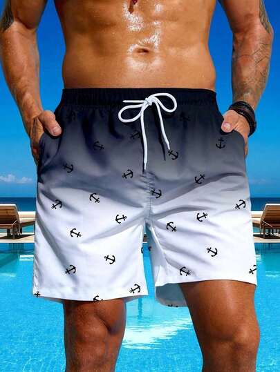 Shorts de playa con estampado de ancla y degradado de color para hombres de talla grande