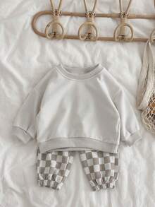 2pcs/Set Baby Boy Casual Solid Color Crew Neck Long Sleeve Sweatshirt And Checkerboard Long Pants, Spring/Autumn - Apricot - View 8