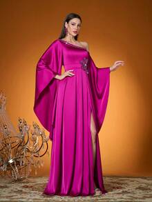 Elegante, Nova Chegada, Um Ombro, Elegante, Vestido de Baile, Floral 3D, Fenda Alta, Manga Babada, Cetim, Vestido Longo, PARA, Baile de Formatura, Casamento, Vestido de Festa, Vestido de Convidada de Casamento, Vestido de Noite