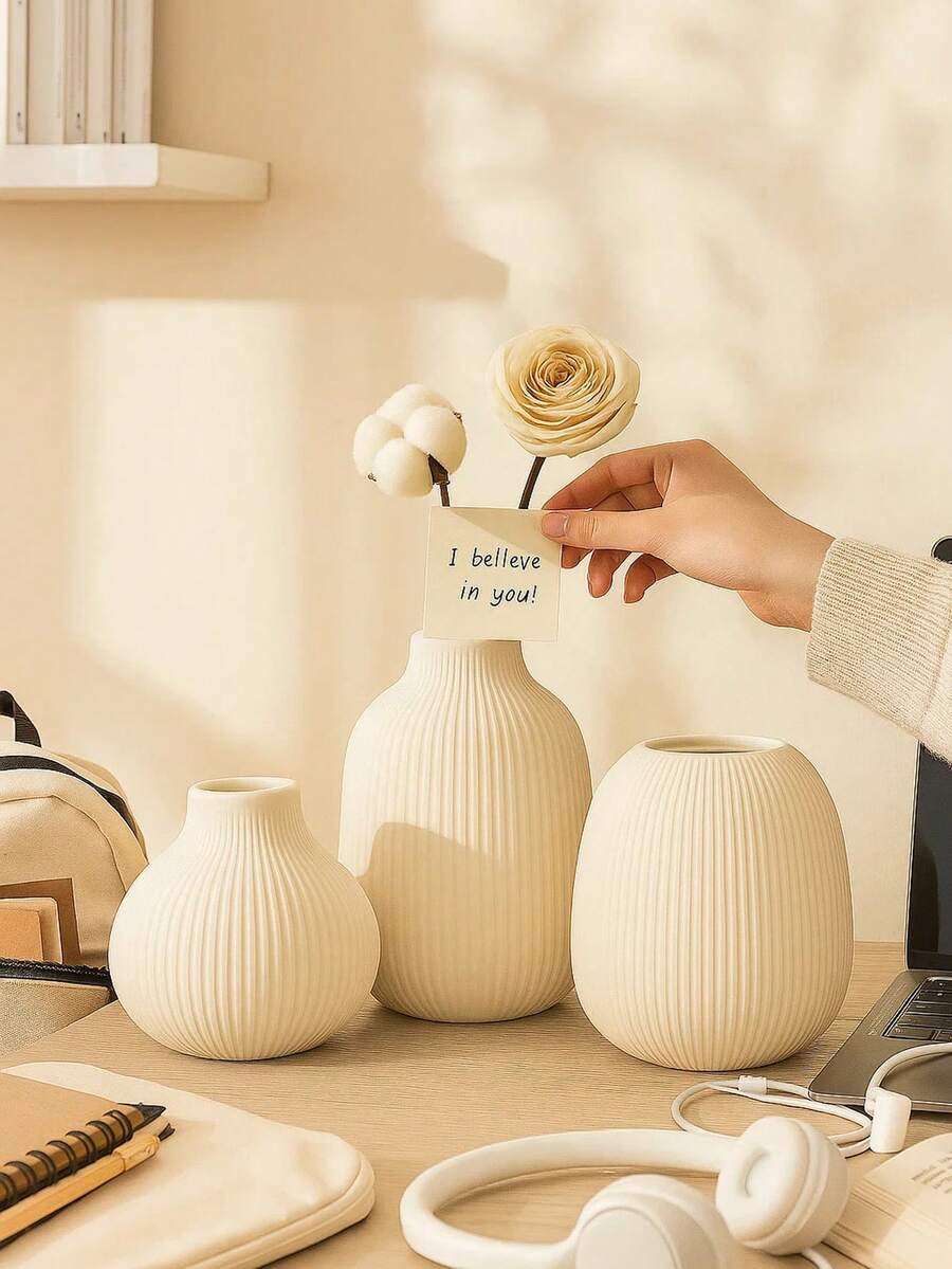 White Ribbed Resin Vase - Modern Minimalist Decor Piece, Available In Multiple Sizes, Lightweight Design, Suitable For Bedroom, Entryway, Living Room And Gift Display, Home Decor, Room Decor, Vase, Glass Vase - Multicolor - View 1