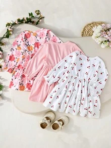 Nuevo conjunto de 3 piezas para otoño/invierno 2025: Vestido de manga larga con volantes en el bajo, estampado floral, a rayas y de cerezas - Multicolor - Ver 3