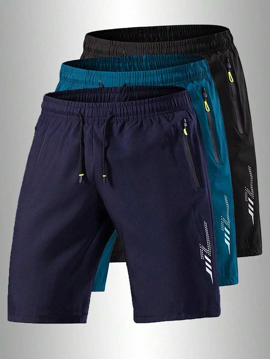 Men's Sporty And Casual Loose Quick-Drying Shorts, With Reflective Strip Design, Pocket, Zipper And Drawstring At The Waist, Suitable For Fitness, Running And Outdoor Activities - Navy Blue - View 1