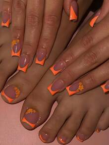 48片/2套方形美甲贴纸，橙色法式美甲，花卉图案，简约风格，亮面全覆盖假指甲，适合女性和女孩夏季美甲，日常美甲用品 - 橘色 - 查看 1