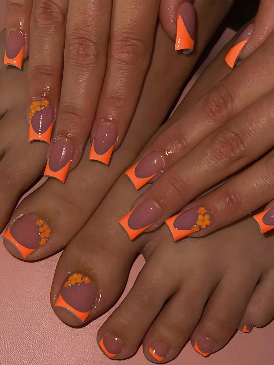 48片/2套方形美甲贴纸，橙色法式美甲，花卉图案，简约风格，亮面全覆盖假指甲，适合女性和女孩夏季美甲，日常美甲用品 - 橘色 - 查看 1