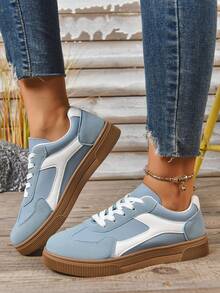 Damskie, płaskie trampki z okrągłym noskiem i sznurowaniem w blokach kolorów, codzienne, płócienne buty sportowe w stylu college'u, wiosna/jesień