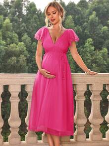 Joyfunear Maternity Fashionable Solid Color Ruffle Sleeve Deep V Neck Dress Summer - Hot Pink - View 3