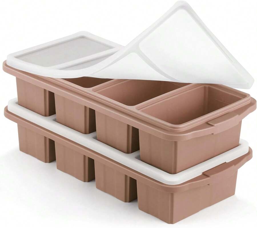 Silicone Freezer Tray With Lid - Silicone Freezer Food Molds- Large Ice Cube Tray,Silicone Freezer Container,Freeze & Store Soup, Sauce, Broth,Leftovers - Makes 4 Perfect 1 Cup,9822111 - 深灰色 - 查看 1