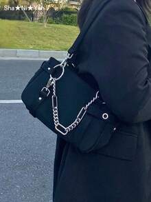 甜美酷炫辣妹金属链条装饰暗黑哥特风B2Y风朋克复古腋下单肩包
