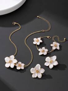 1 pezzo Collana con ciondolo a goccia d'olio bianco a 5 petali fatto a mano, 1 paio di orecchini, 1 pezzo bracciale, set di gioielli da donna