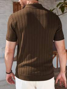 Men Solid Casual Polo Neck Short Sleeves Ribbed Knit Top