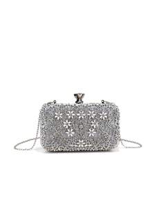 小巧金色水钻镶嵌晚宴手拿包，金属手柄派对手提包，婚礼新娘钱包，链条单肩包 - 銀色 - 查看 6