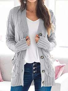 Women Long Sleeve Knit Cardigans Button Closure Solid Fall Casual Sweater Jacket With Pockets - Light Grey - View 1