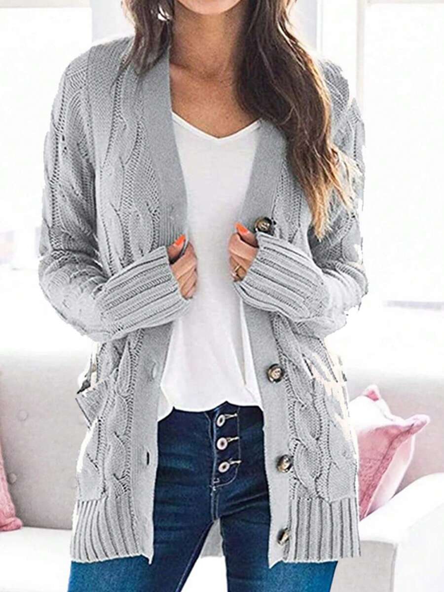 Women Long Sleeve Knit Cardigans Button Closure Solid Fall Casual Sweater Jacket With Pockets - Light Grey - View 1