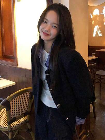 韩版显瘦蓝色单排扣外套设计优雅二合一上衣 春季