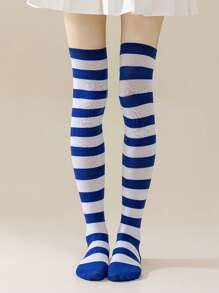 1 Pair Women Over Knee Socks, Cosplay Anime Character Uniform, Japanese Style Striped & Solid Thigh-High Stockings