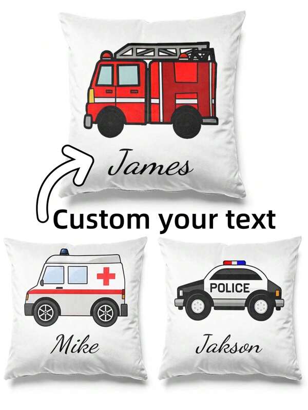 1 pièce Meilleur cadeau d'anniversaire pour les enfants, taie d'oreiller carrée personnalisée avec le nom imprimé avec des designs de pelleteuse, camion, camion de pompiers. Décoration pour la chambre d'enfant et le salon